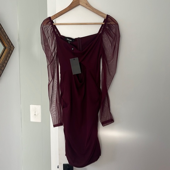 Twist Front Ruched Sheer Sleeved Mini Dress in Berry- 6 - Picture 6 of 8